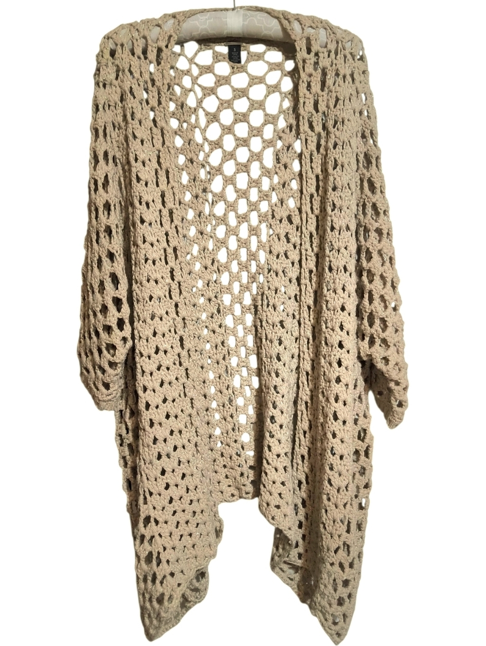 Chico's Black Label Taupe Open Weave Crochet Cardigan - Boho Poetcore Size XL